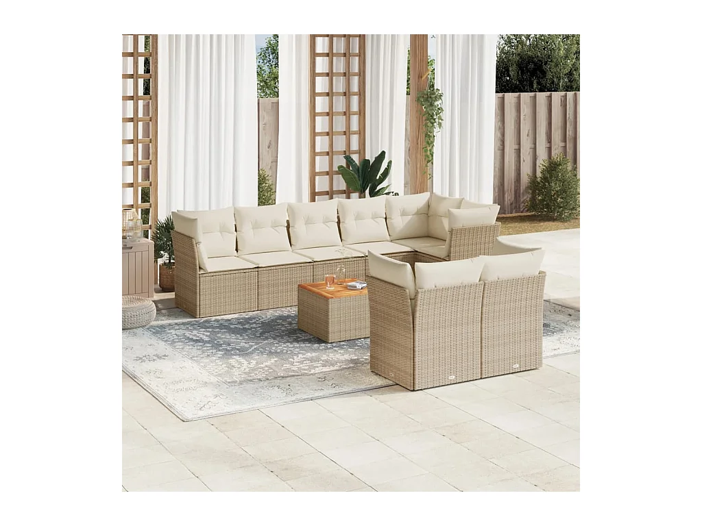 Set Divano da Giardino 9 pz con Cuscini Beige in Polyrattan