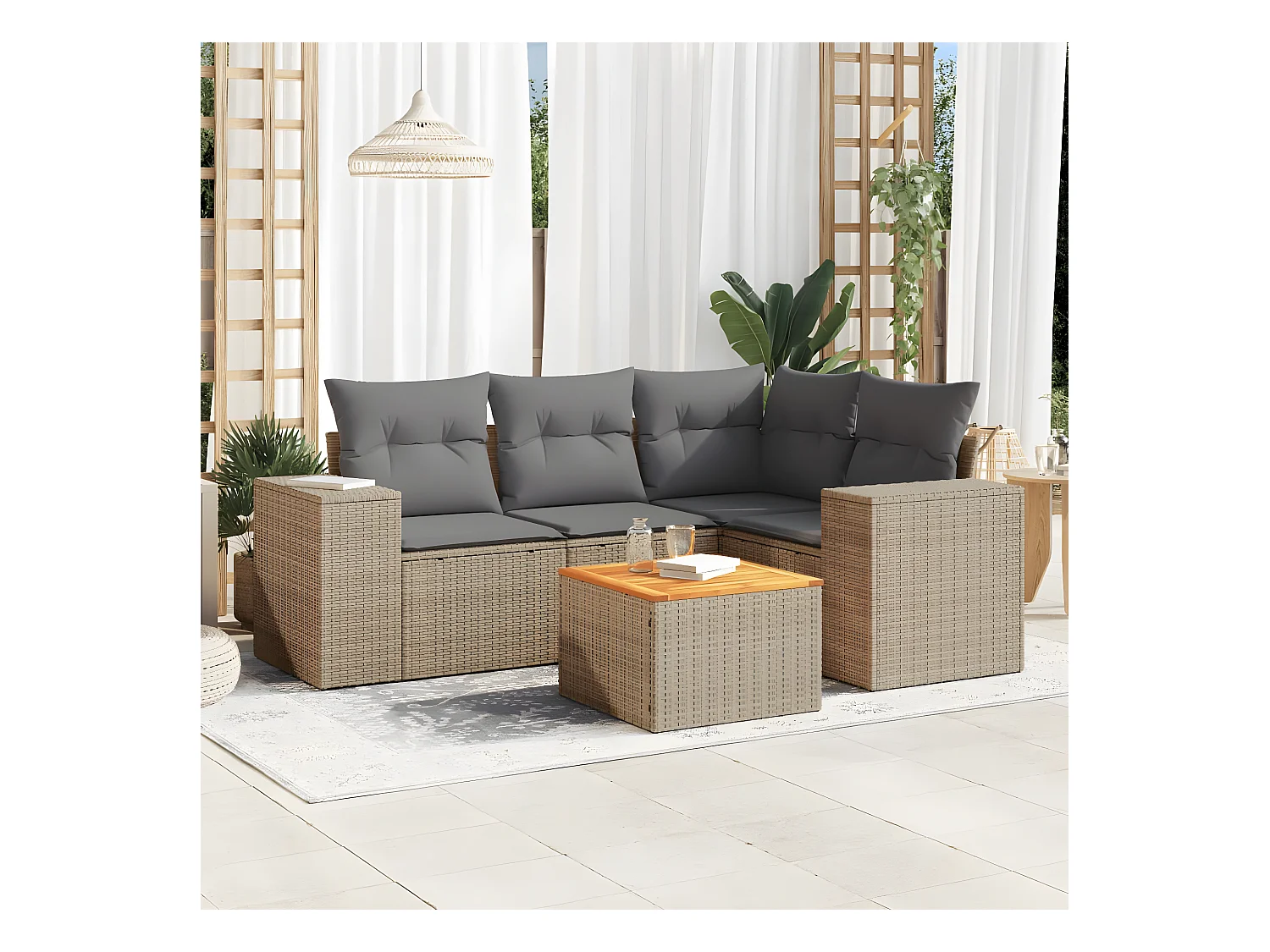 5-tlg. Garten-Sofagarnitur mit Kissen Beige Poly Rattan