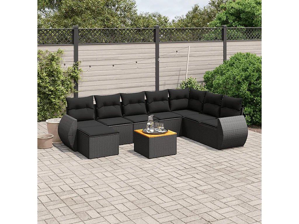 Set Divani da Giardino 9 pz con Cuscini Nero in Polyrattan