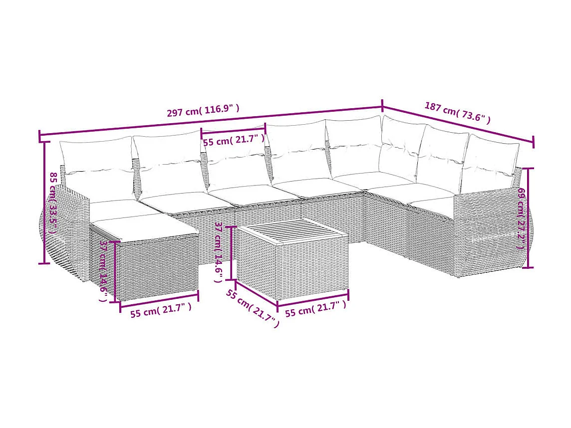 Set Divani da Giardino 9 pz con Cuscini Nero in Polyrattan