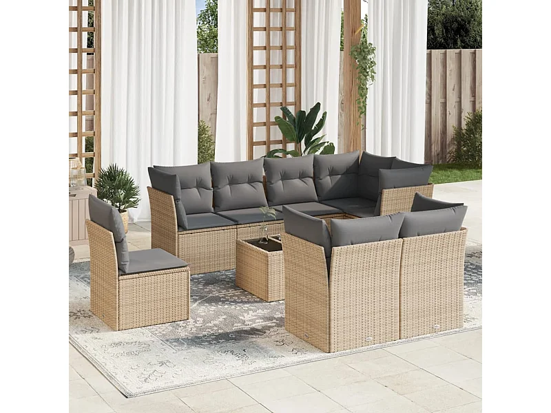 Set Divano da Giardino 9 pz con Cuscini Beige in Polyrattan
