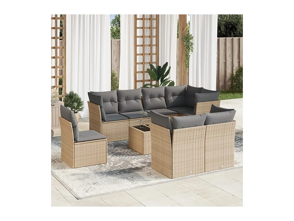 Salon de jardin avec coussins 9 pcs beige résine tressée