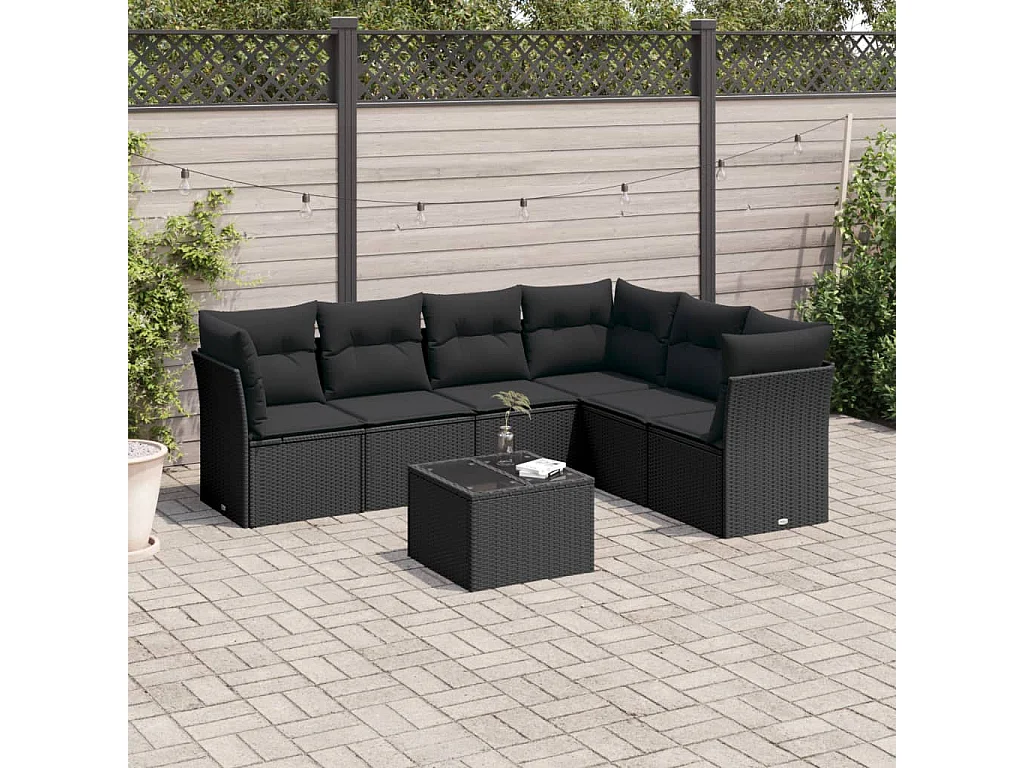Salon de jardin 7 pcs avec coussins noir résine tressée