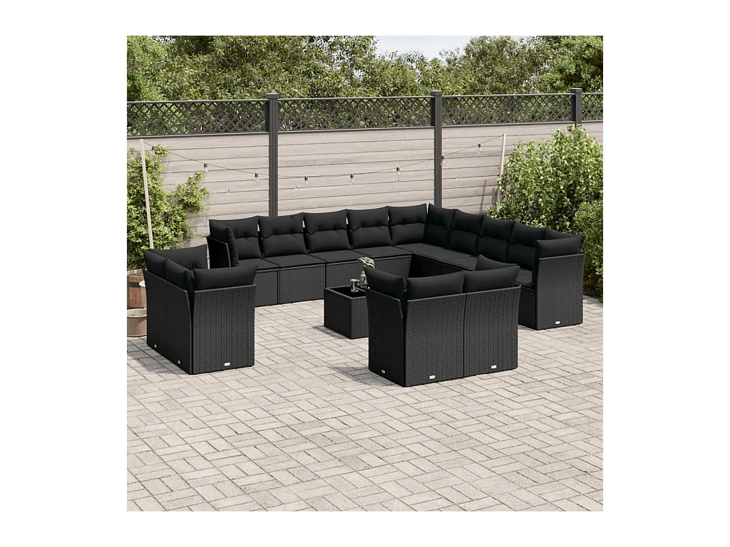 Salon de jardin avec coussins 14 pcs noir résine tressée