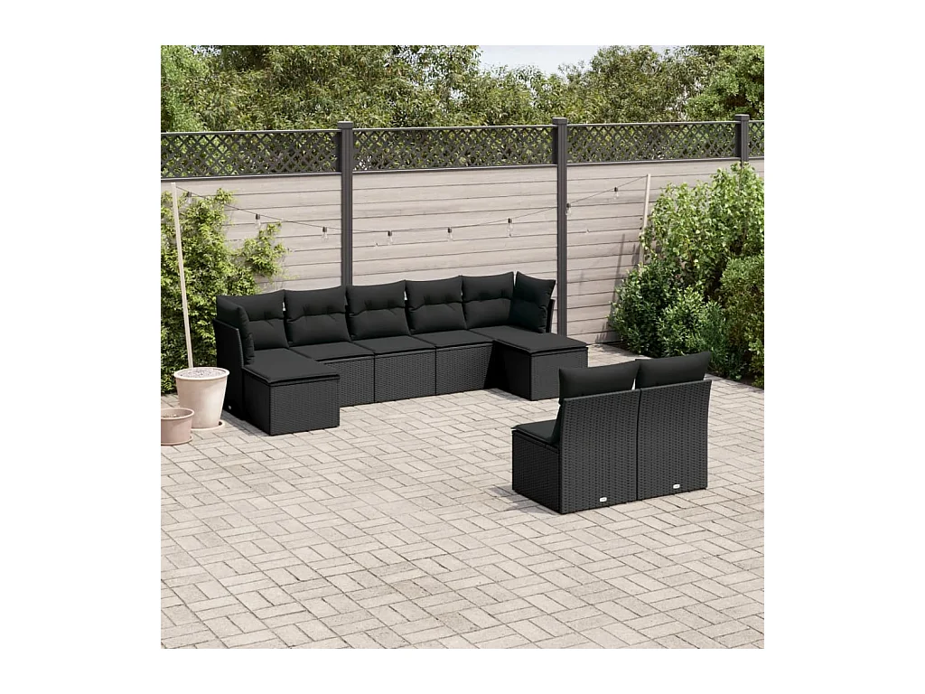 Salon de jardin 9 pcs avec coussins noir résine tressée