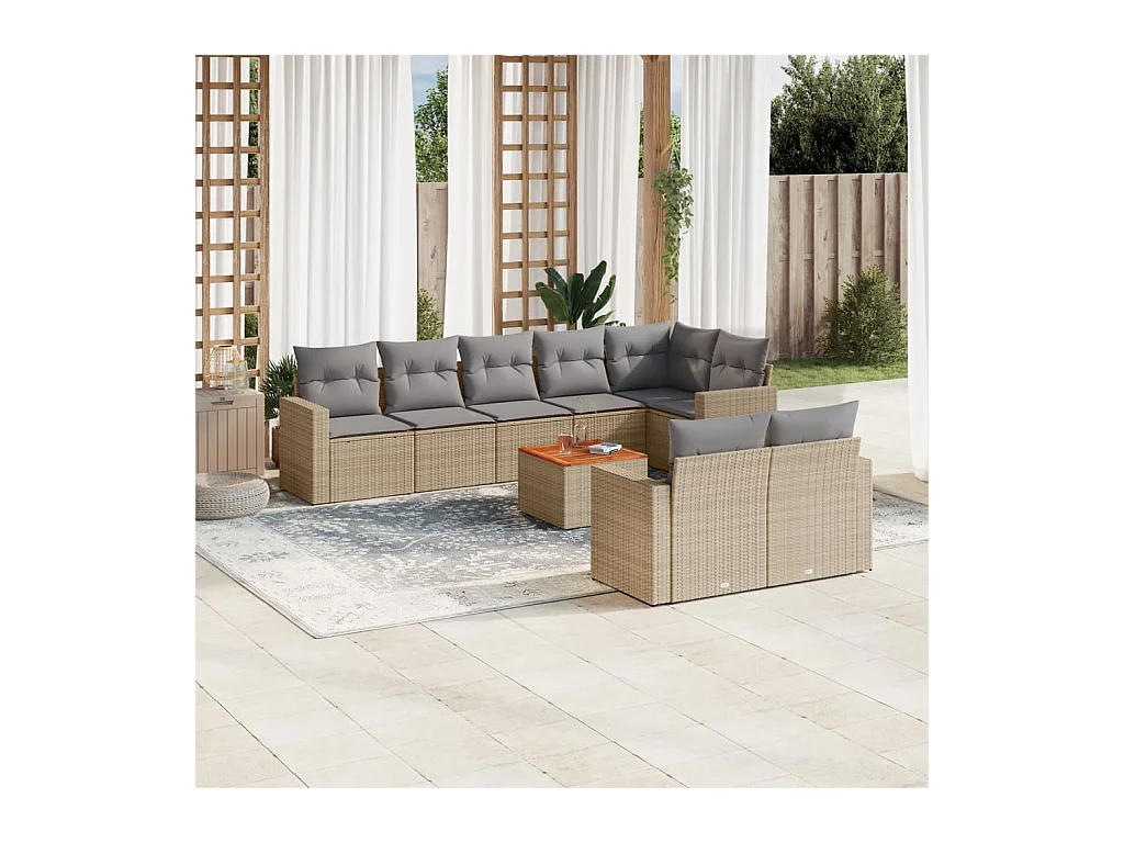 Salon de jardin avec coussins 9 pcs beige résine tressée