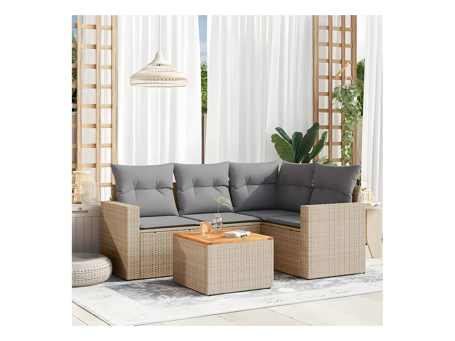 Salon de jardin avec coussins 5 pcs beige résine tressée