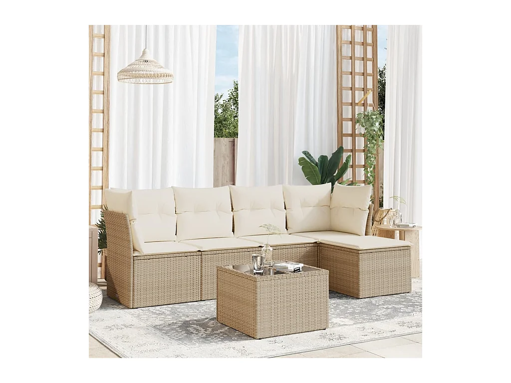 6-delige Loungeset met kussens poly rattan beige