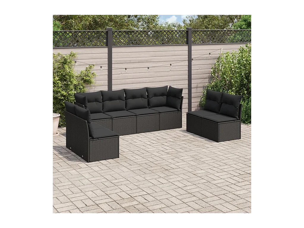 Salon de jardin 8 pcs avec coussins noir résine tressée