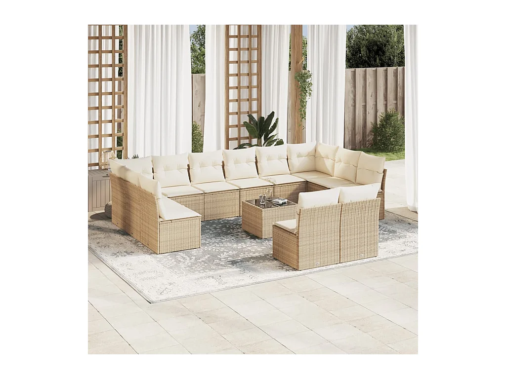 13-tlg. Garten-Sofagarnitur mit Kissen Beige Poly Rattan