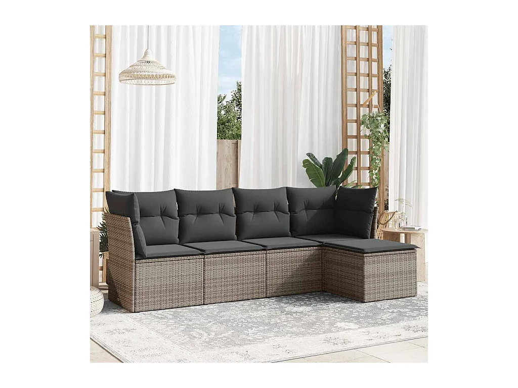 5-delige Loungeset met kussens poly rattan grijs