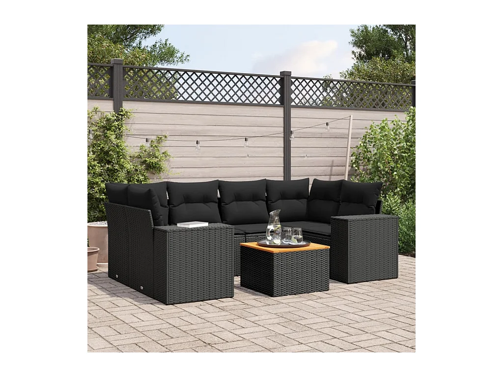 7-delige Loungeset met kussens poly rattan zwart