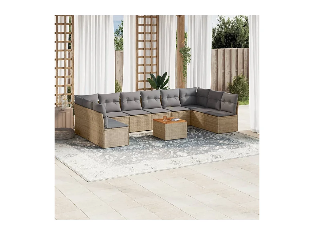 Salon de jardin 11 pcs avec coussins beige résine tressée