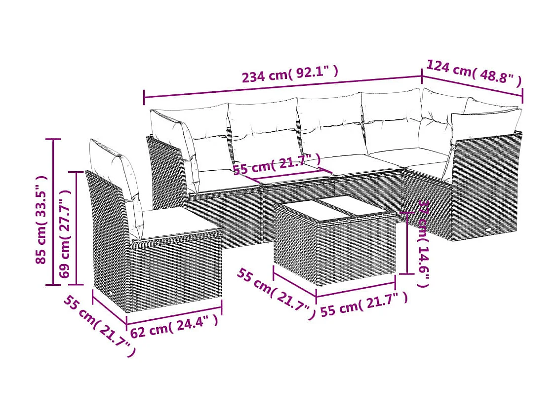 Set de comedor de jardín 7 pzas y cojines ratán sintético negro