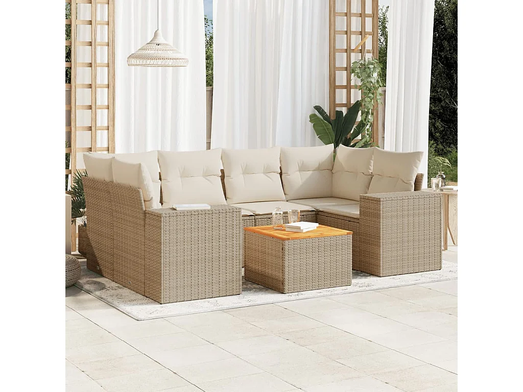 7-delige Loungeset met kussens poly rattan beige