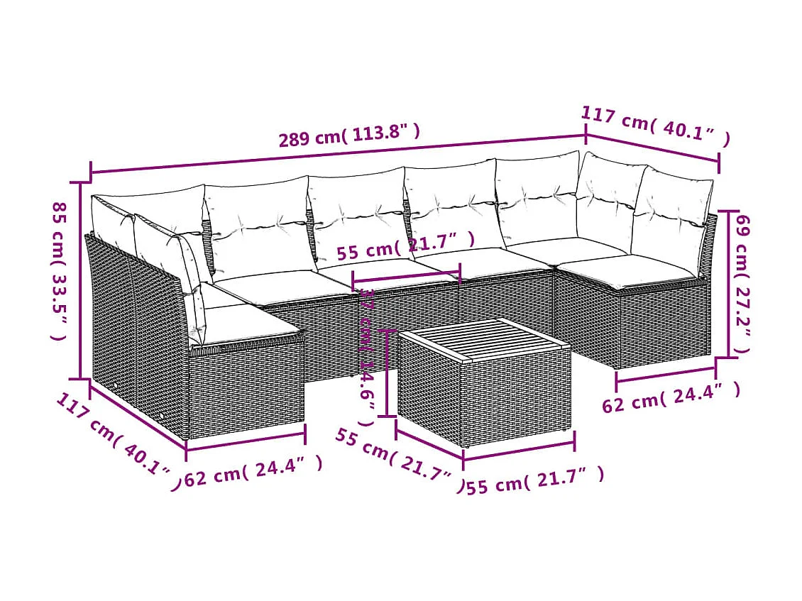 Salon de jardin 8 pcs avec coussins noir résine tressée