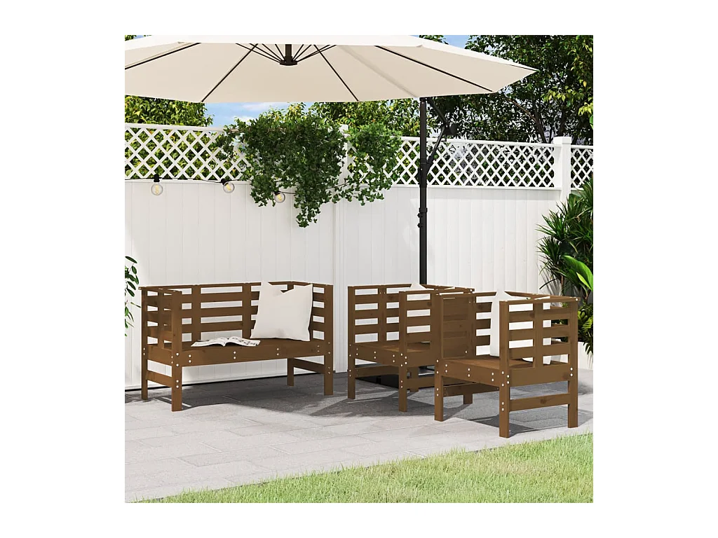 Salon de jardin 3 pcs marron miel bois de pin massif