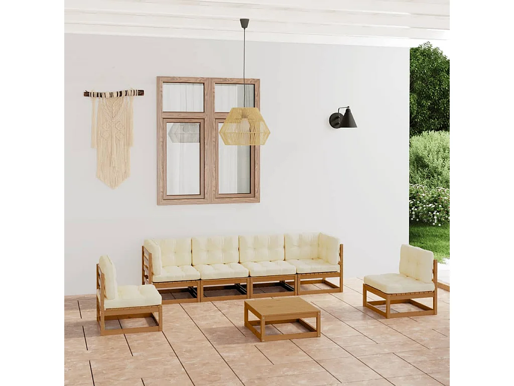 Set Divani da Giardino 7 pz con Cuscini Legno Massello di Pino
