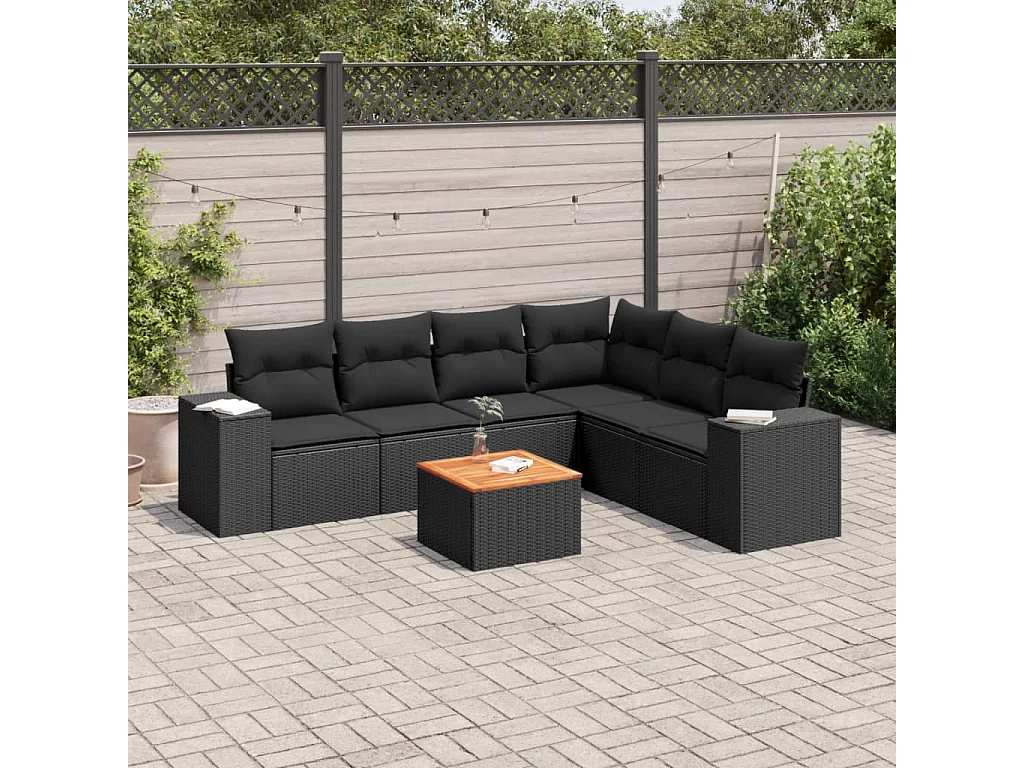 7-tlg. Garten-Sofagarnitur mit Kissen Schwarz Poly Rattan