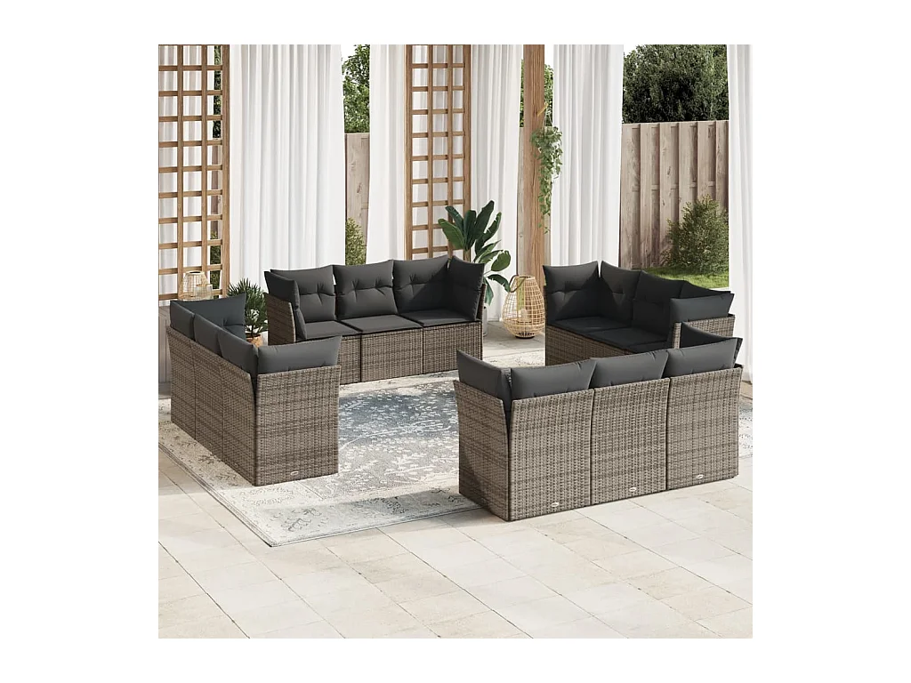 Salon de jardin avec coussins 12 pcs gris résine tressée