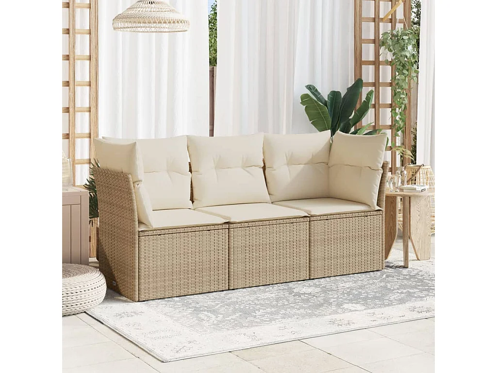 Set Divano da Giardino 3 pz con Cuscini Beige in Polyrattan