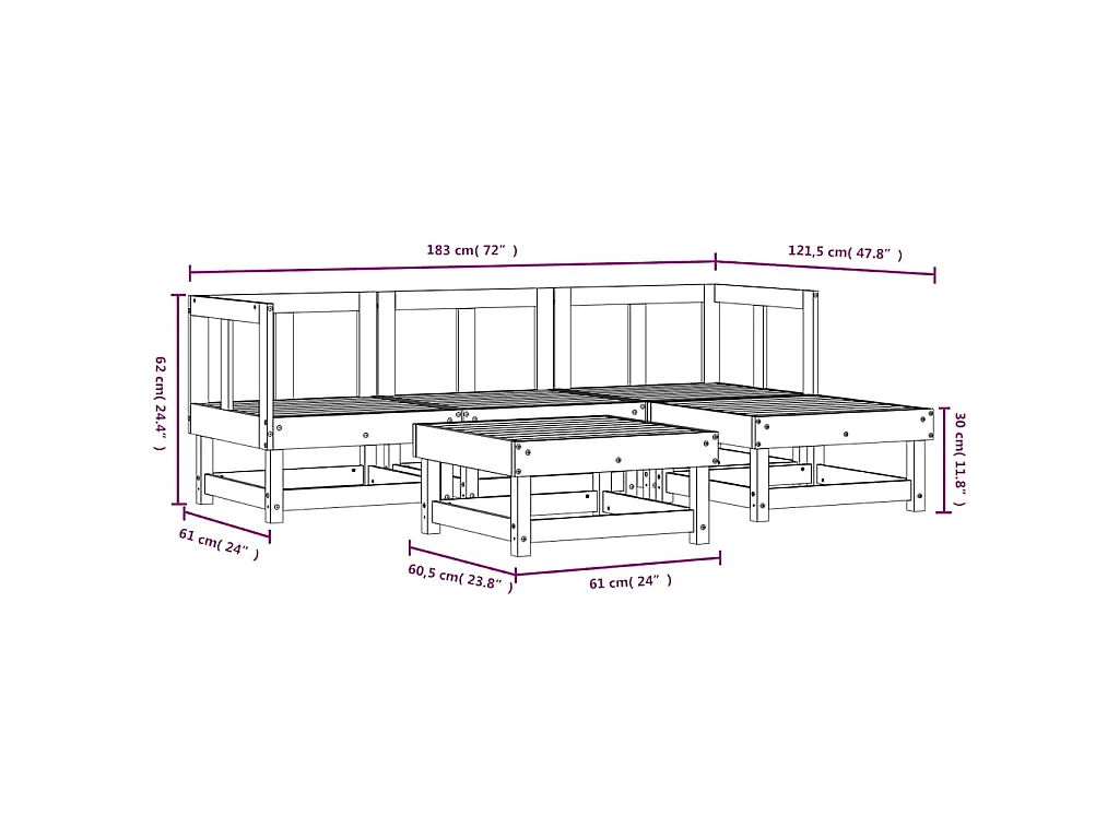 Salon de jardin 5 pcs blanc bois massif de pin