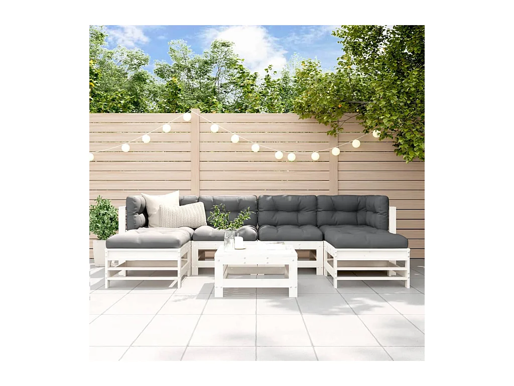 Salon de jardin 7 pcs Blanc Bois de pin massif