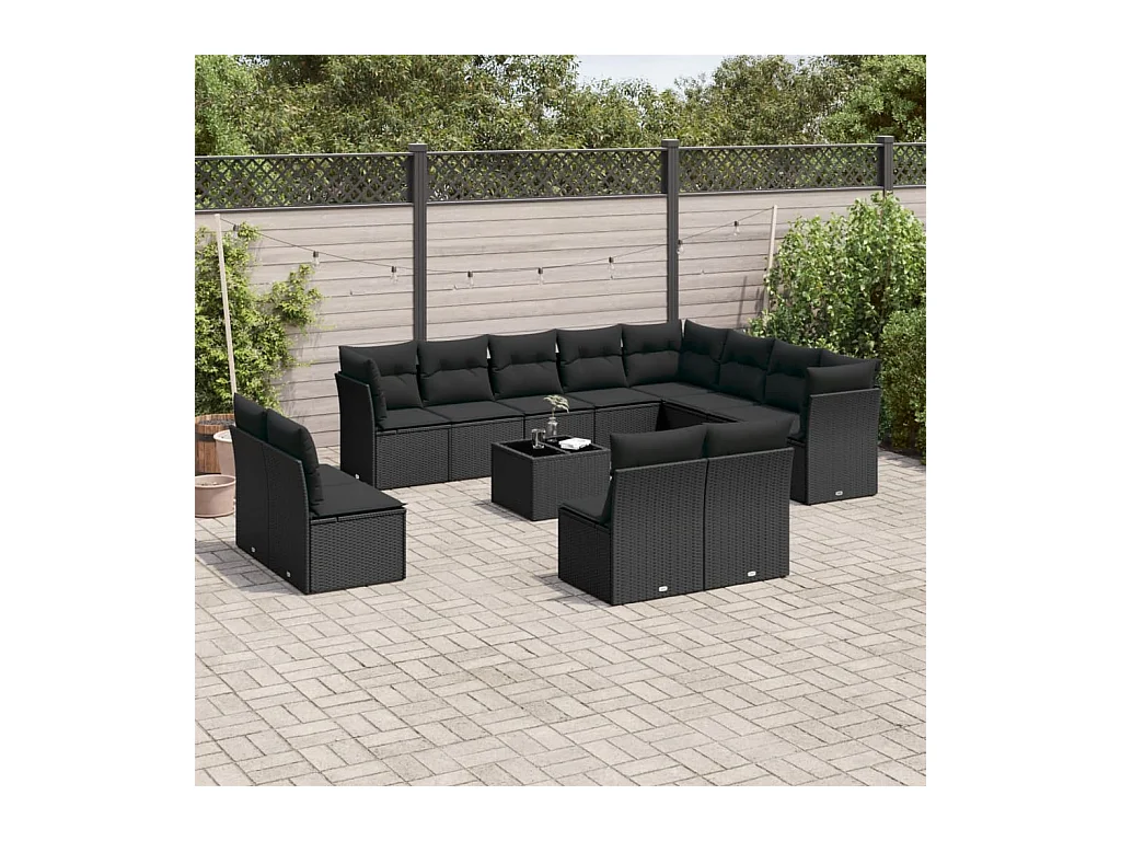 Salon de jardin avec coussins 13 pcs noir résine tressée
