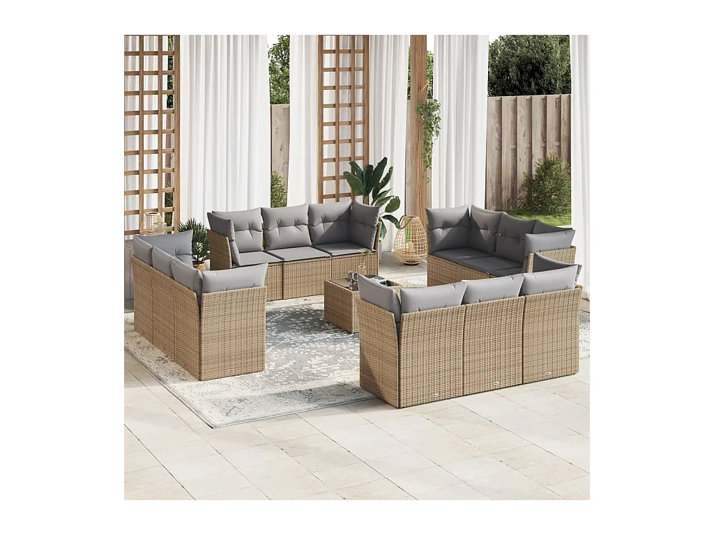 Salon de jardin avec coussins 13 pcs beige résine tressée
