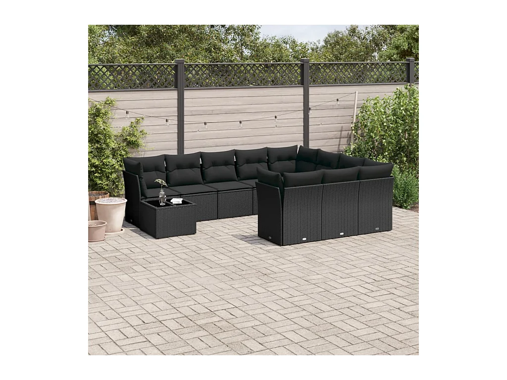 11 pcs conjunto sofás de jardim c/ almofadões vime PE preto