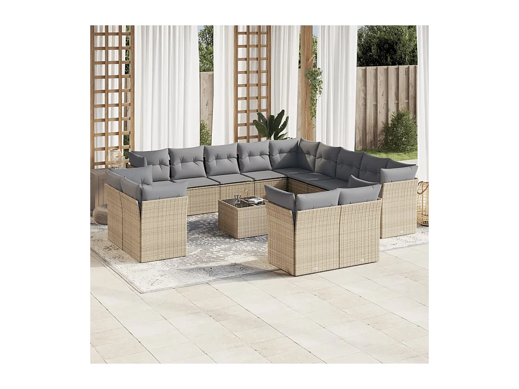 Salon de jardin avec coussins 14 pcs beige résine tressée