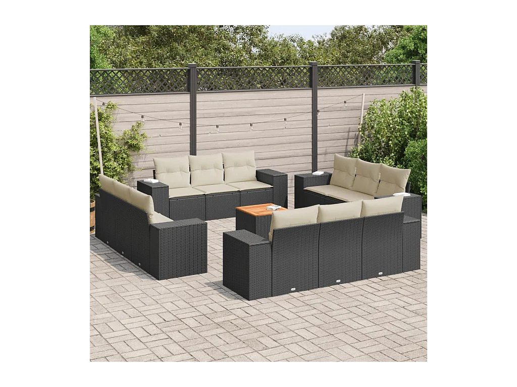 Salon de jardin avec coussins 13 pcs noir résine tressée