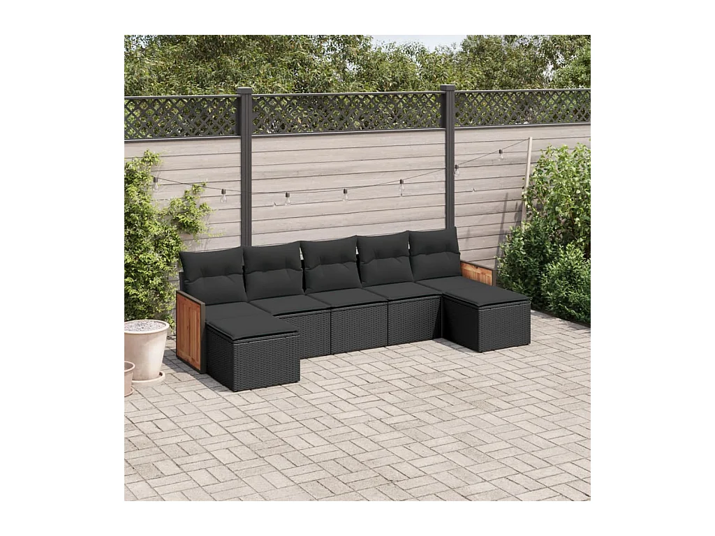 Salon de jardin 7 pcs avec coussins noir résine tressée