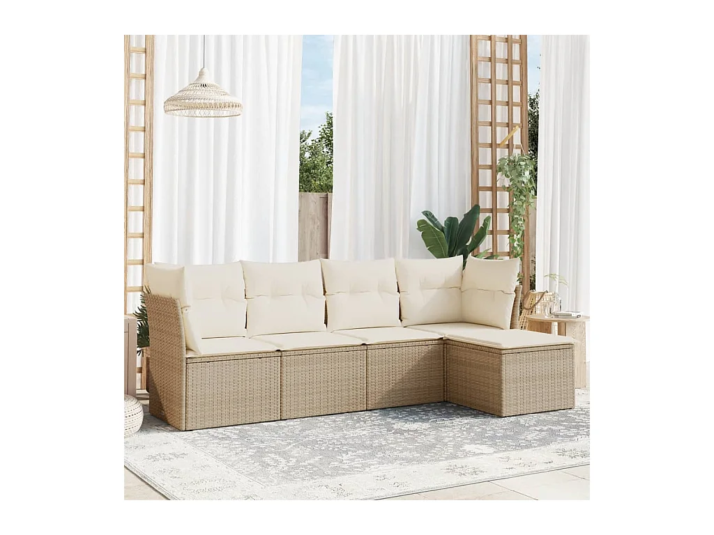 Set Divano da Giardino 5 pz con Cuscini Beige in Polyrattan