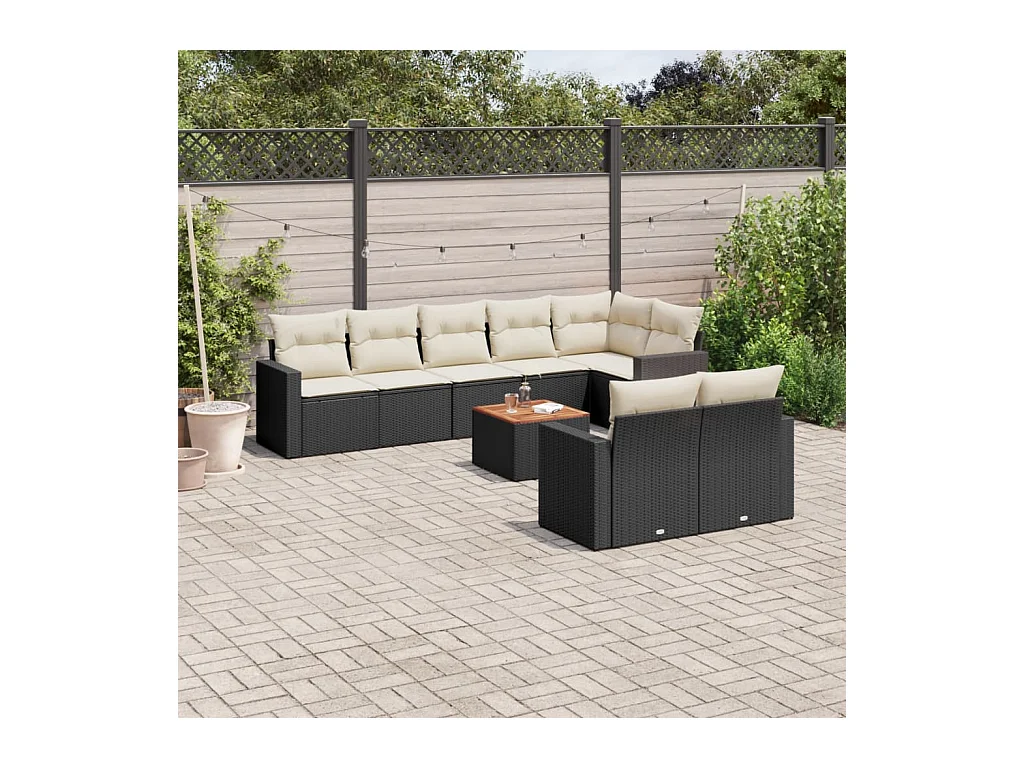 Set Divani da Giardino 9 pz con Cuscini Nero in Polyrattan