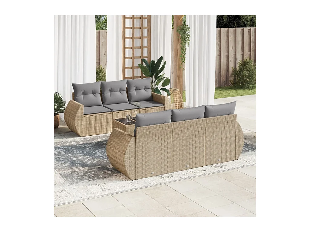 Set Divani da Giardino 7 pz con Cuscini Beige in Polyrattan