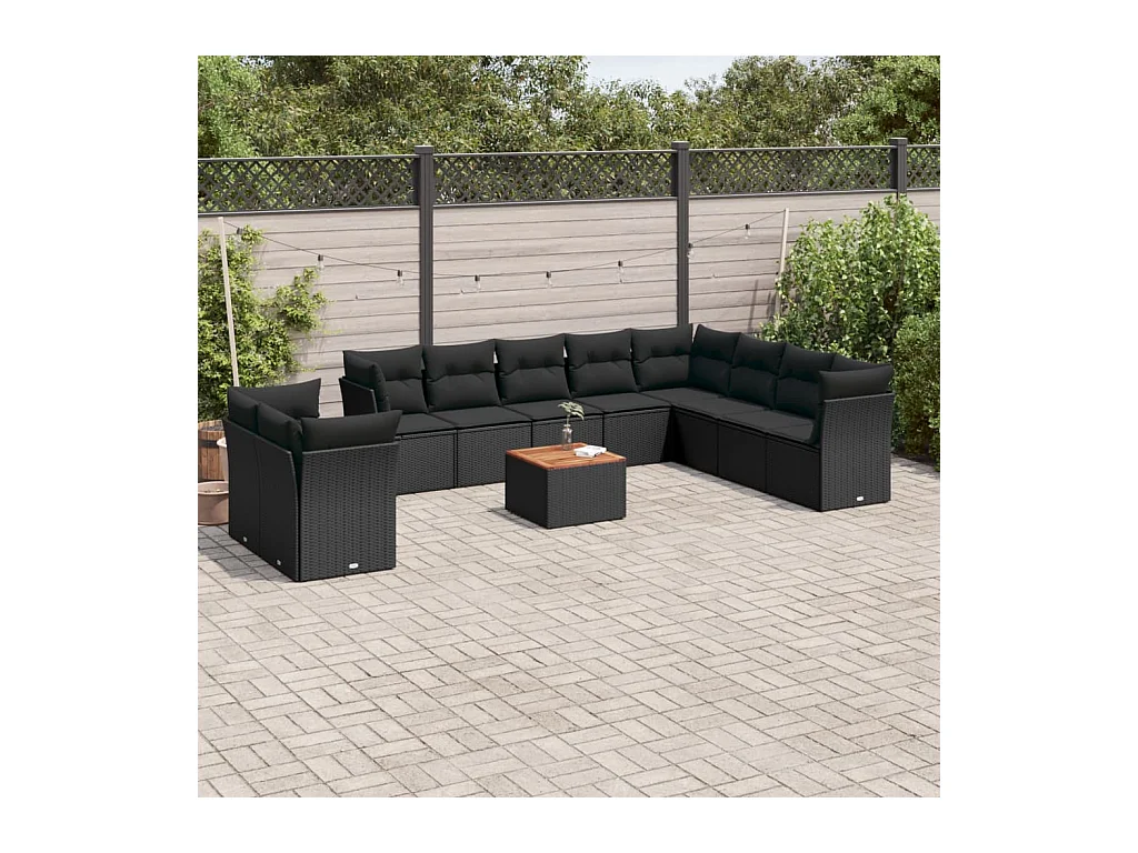 11-tlg. Garten-Sofagarnitur mit Kissen Schwarz Poly Rattan