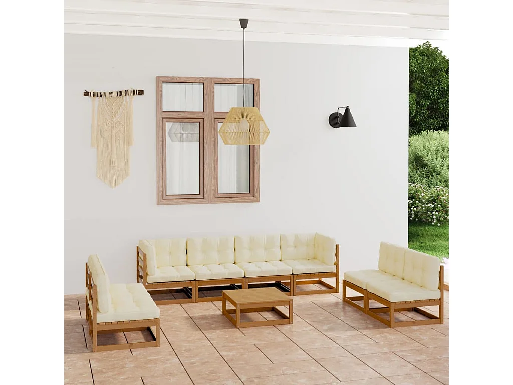 Set Divani da Giardino 9 pz con Cuscini Legno Massello di Pino