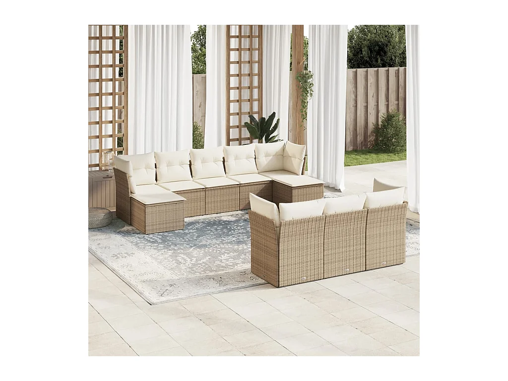 Salon de jardin avec coussins 10 pcs beige résine tressée