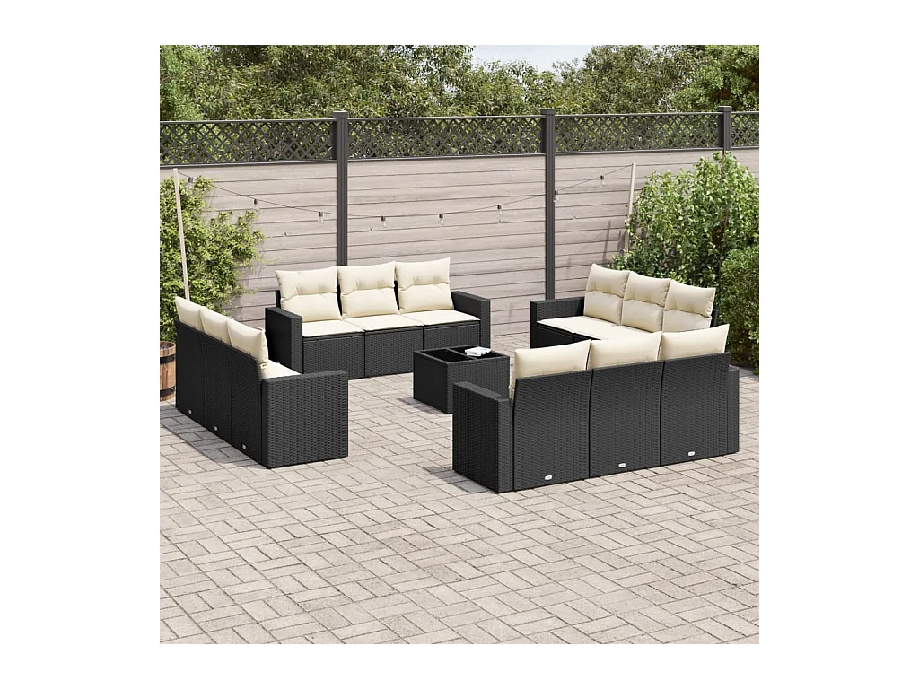Salon de jardin avec coussins 13 pcs noir résine tressée