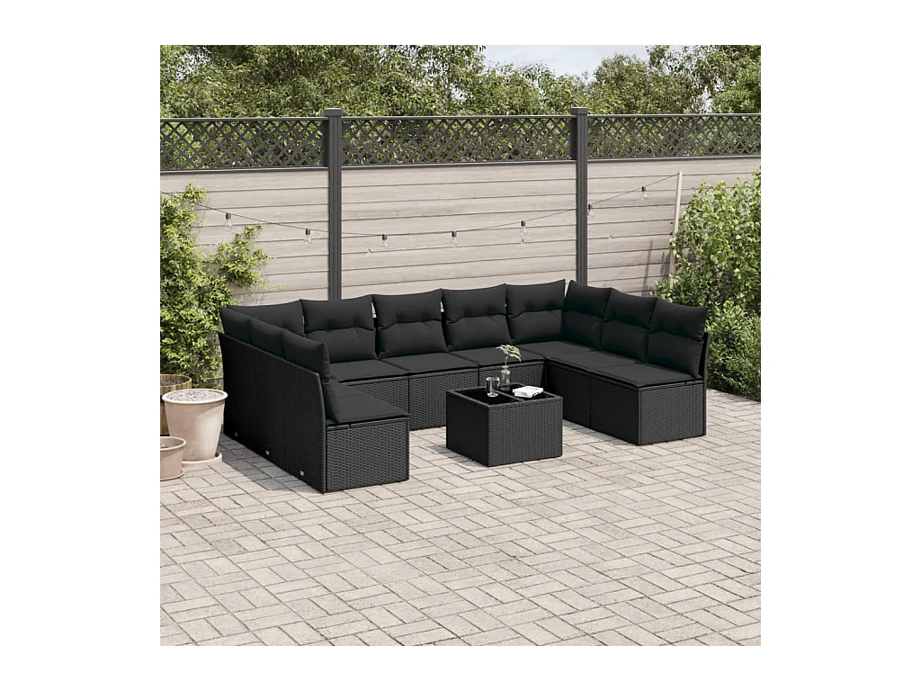 Salon de jardin 10 pcs avec coussins noir résine tressée