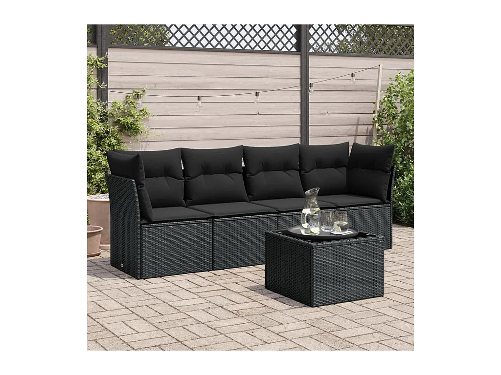 Salon de jardin 5 pcs avec coussins noir résine tressée