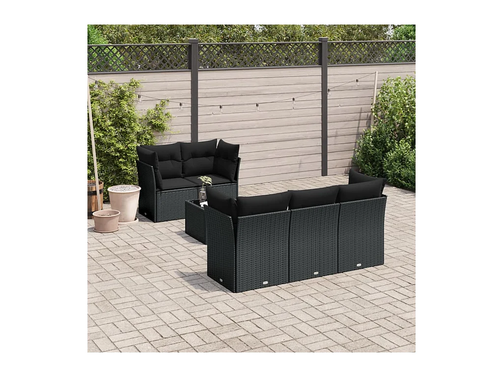 6-delige Loungeset met kussens poly rattan zwart
