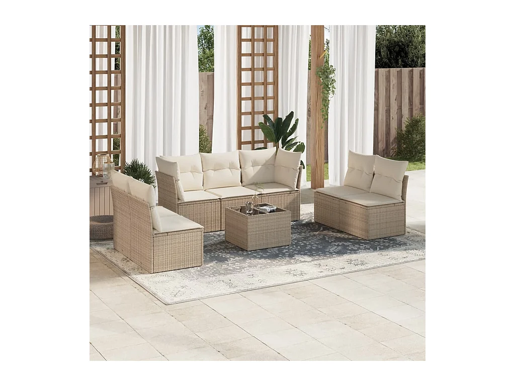 Set Divano da Giardino 8 pz con Cuscini Beige in Polyrattan