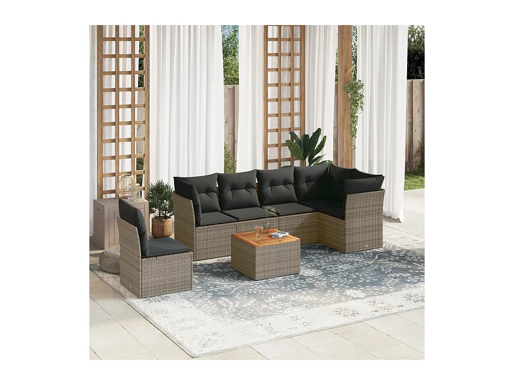 Salon de jardin avec coussins 7 pcs gris résine tressée