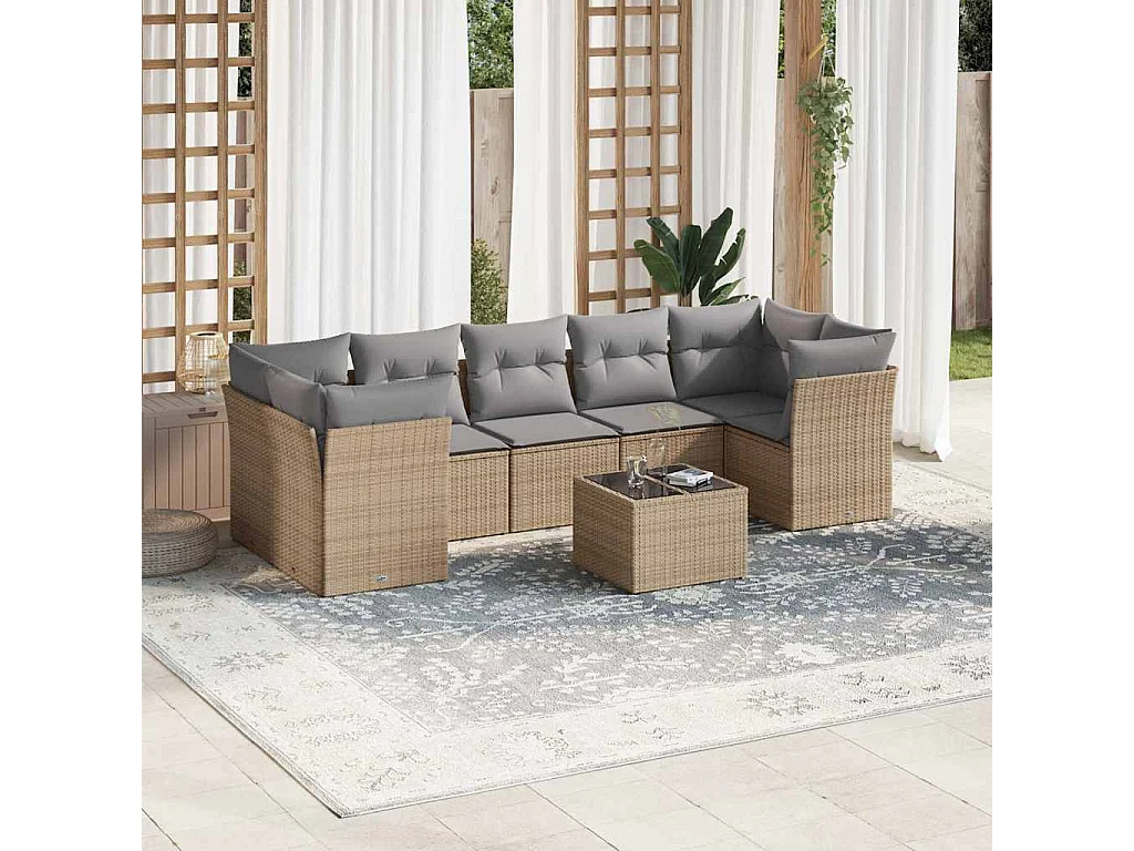 Salon de jardin avec coussins 8 pcs beige résine tressée