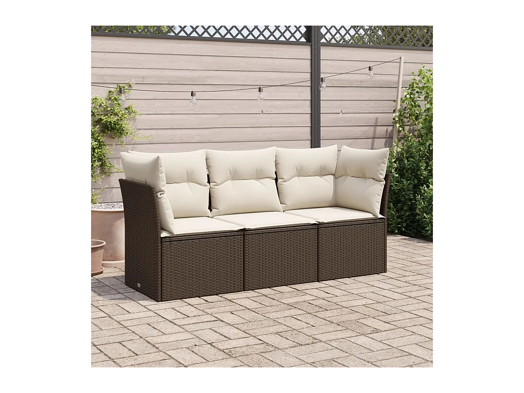 Set Divano da Giardino 3 pz con Cuscini Marrone in Polyrattan