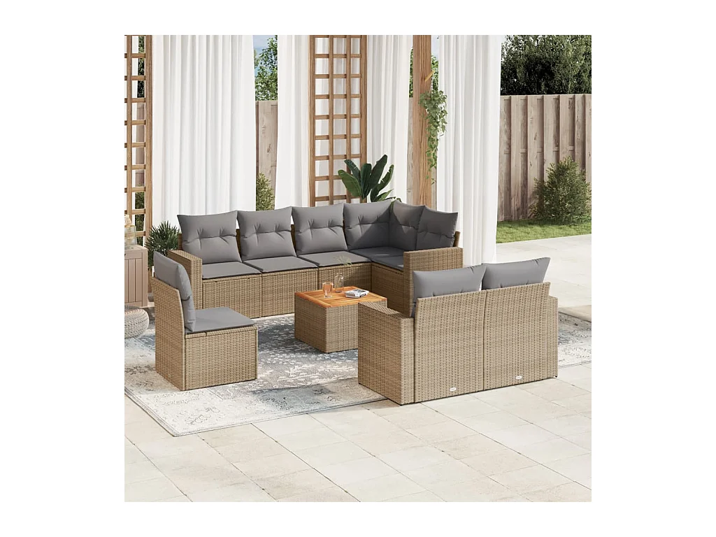 Set Divano da Giardino 9 pz con Cuscini Beige in Polyrattan