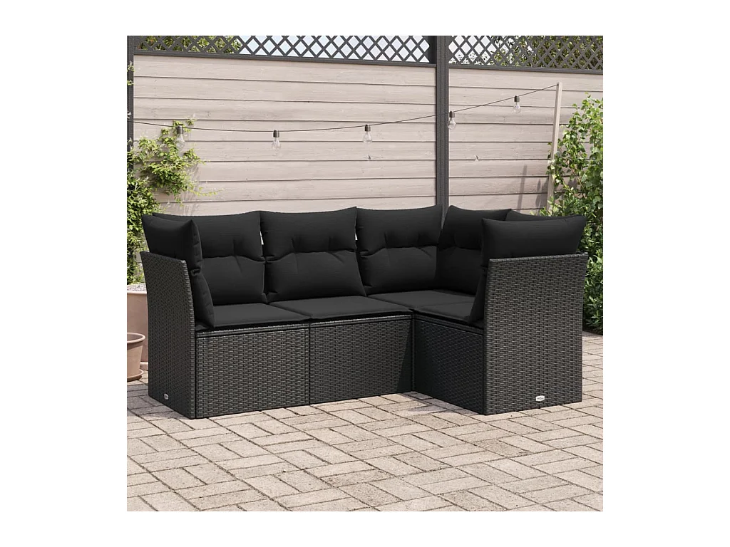 4-delige Loungeset met kussens poly rattan zwart
