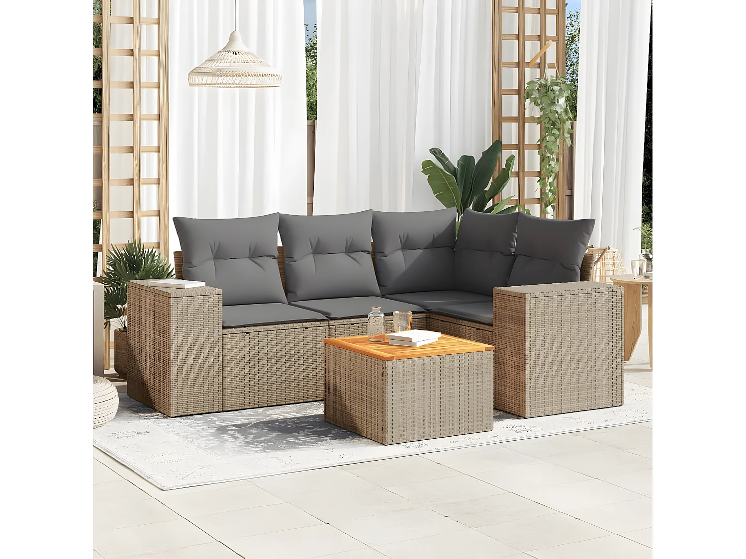 Set Divano da Giardino 5 pz con Cuscini Beige in Polyrattan